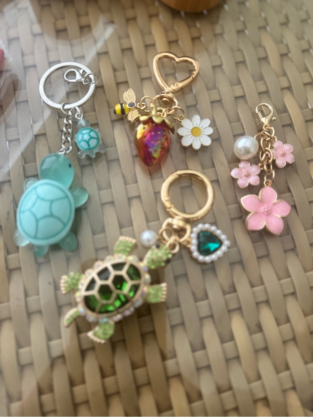 Kids Turtle and Floral Charm Keychain Set - Pink & Green